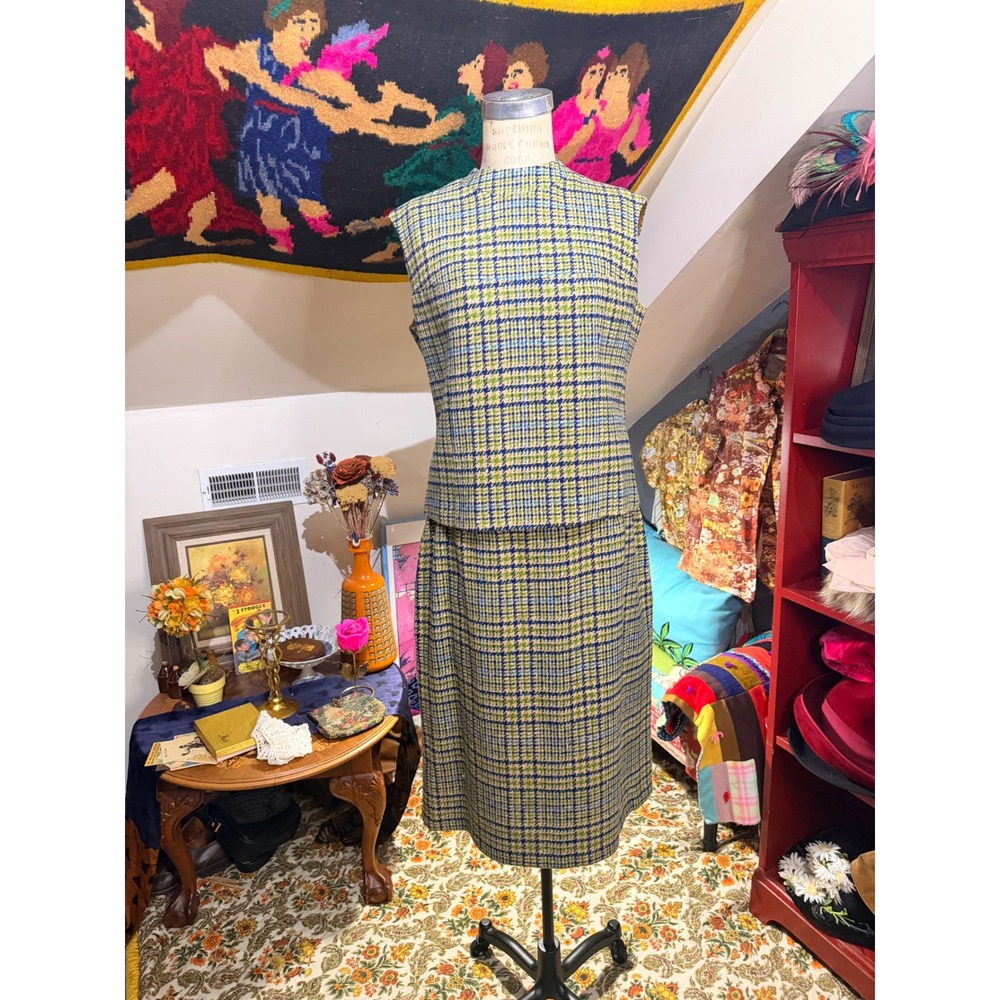 Vintage 60s Pendleton 3pc Wool Skirt Suit Blue Green Houndstooth Plaid Size 16 - Picture 3 of 10